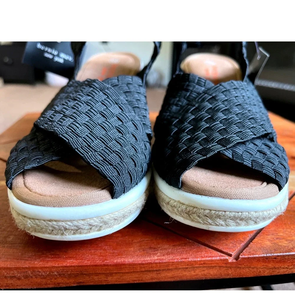 Bernie Mev Espa Buttercup Black Woven Elastic Espadrille Wedge Sandals Size 37/6